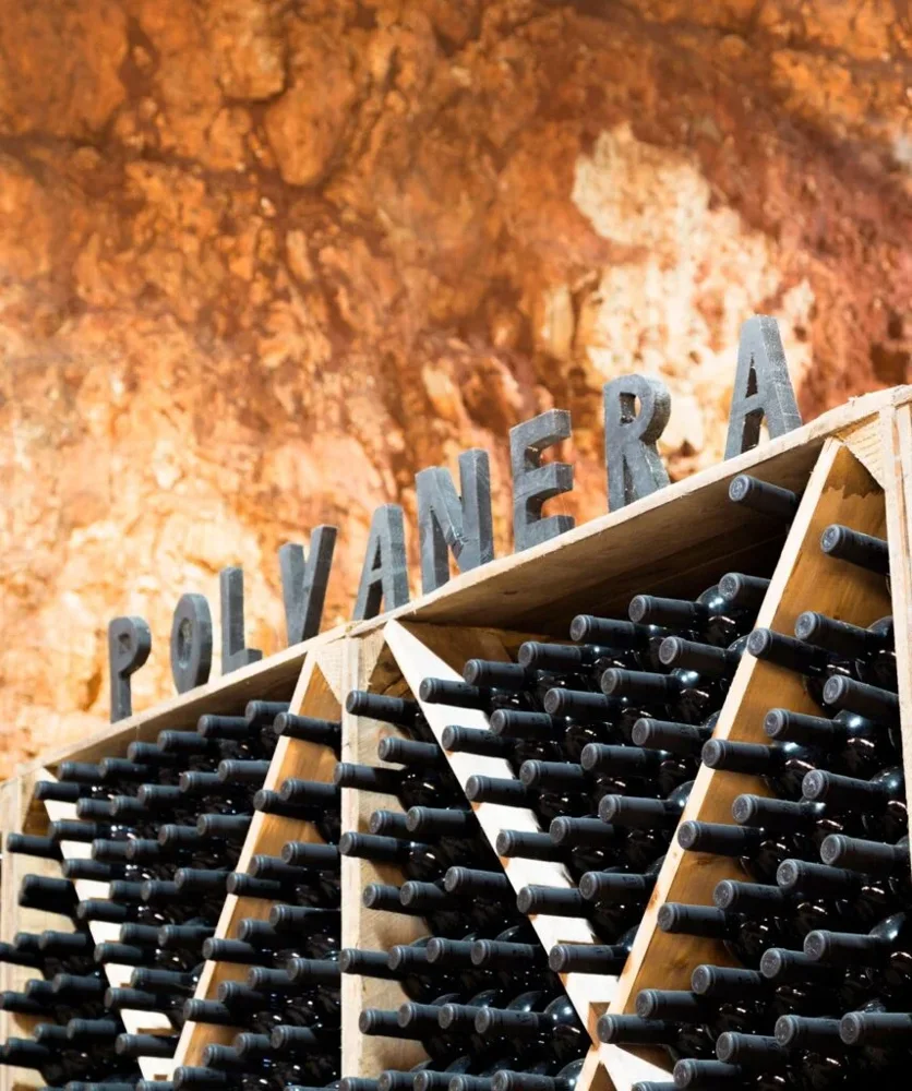 Bottiglie e insegna Polvanera nella cantina